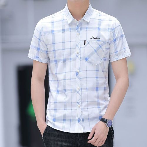 2023 summer new short-sleeved shirt men's ice silk plaid shirt youth with pocket top non-ironing professional half-sleeved