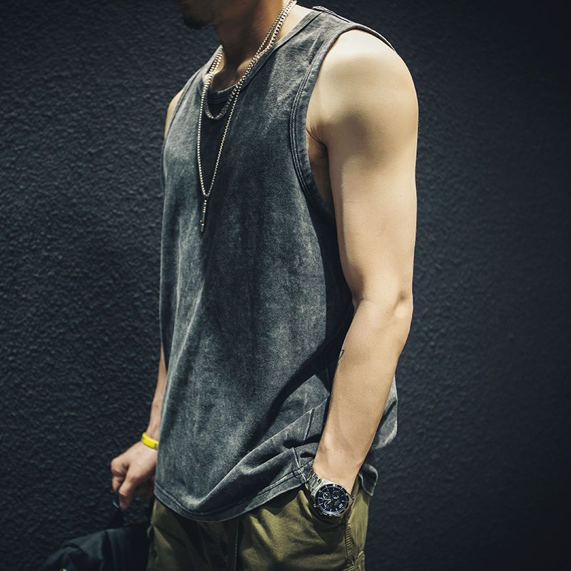 Cotton vest men's summer loose old washed Hong Kong style retro vest t-shirt outerwear sports fashion sleeveless tide