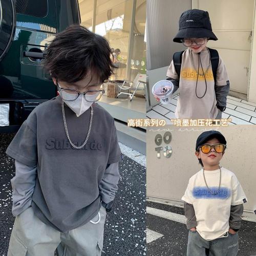 Boys' trendy children's clothing spring new inkjet printing top baby cotton fake two-piece long-sleeved T-shirt bottoming shirt