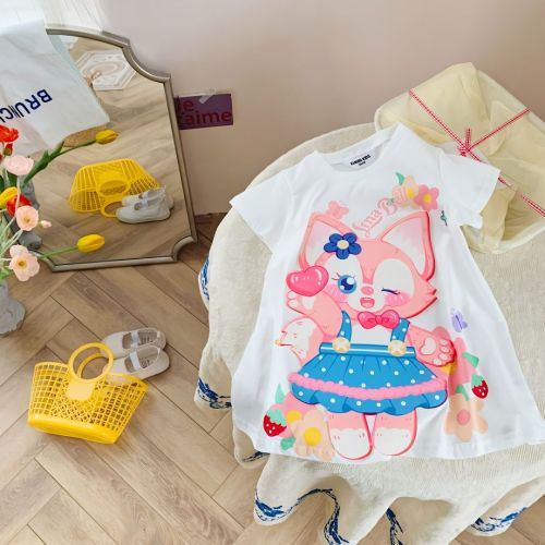 100% pure cotton children's clothing for girls and middle-aged children 2022 summer new Korean version of heavy industry cartoon mid-length T-shirt skirt