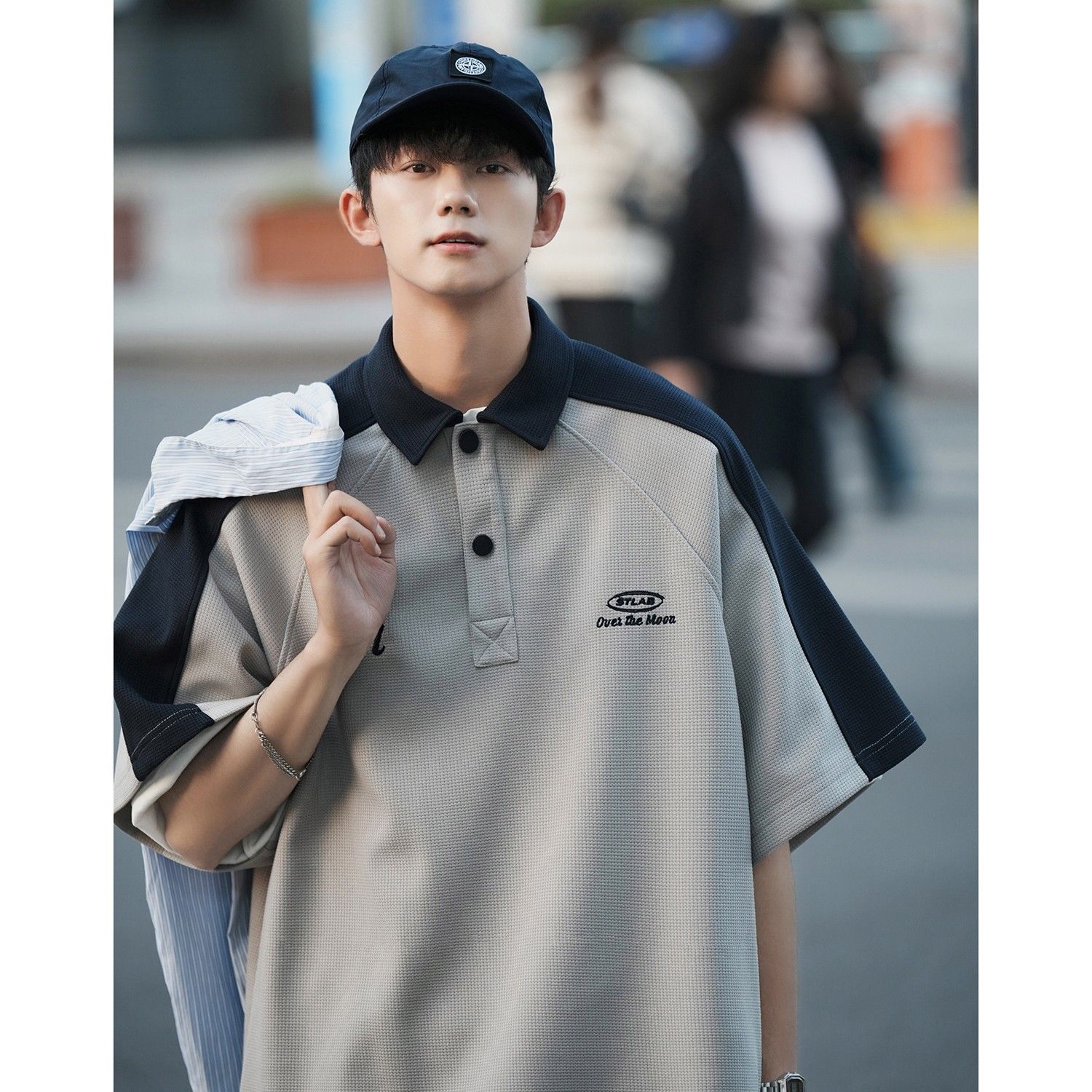 Waffle Polo shirt men's summer American retro contrast color short-sleeved t-shirt trendy brand handsome casual five-quarter sleeve top