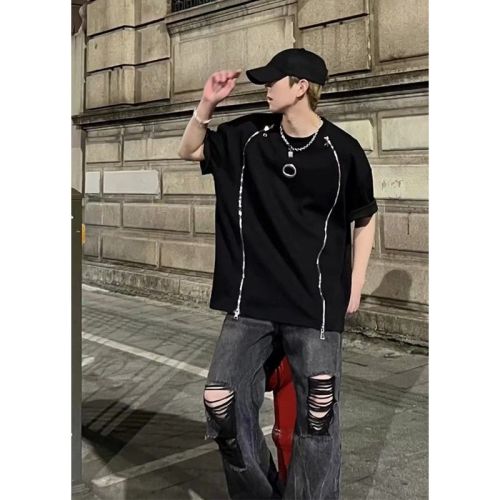 Korean version of the t-shirt male European and American trendy brand high street zipper design short-sleeved American retro loose and versatile five-point sleeve ins