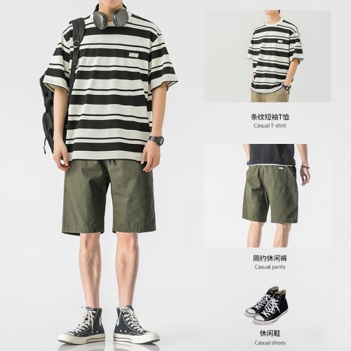 Striped short-sleeved T-shirt men's summer loose Japanese T-shirt tide brand casual suit couple fashion five-quarter sleeve top