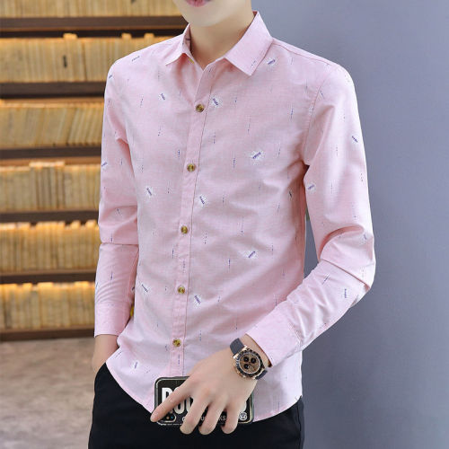  autumn long-sleeved shirt men's Korean style trendy printed pink shirt youth autumn clothes non-ironing inch shirt