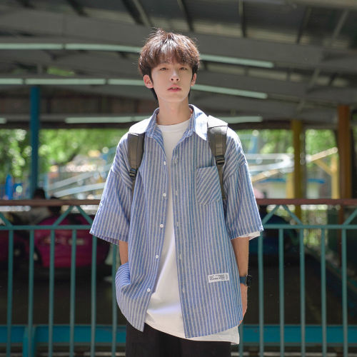 Japanese trendy brand striped short-sleeved shirt men's pocket decoration loose student casual Hong Kong style shirt jacket men's summer