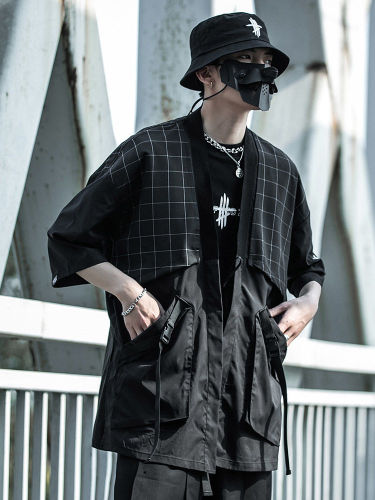 Guochao Chaopao Robe Men's Fashion Loose Windbreaker Retro Plaid Stitching Three-quarter Sleeve Shirt Functional Wind Coat Trendy