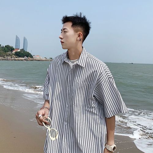2023 summer new striped short-sleeved shirt boys Hong Kong style ins trendy brand ruffian handsome shirt Japanese niche top