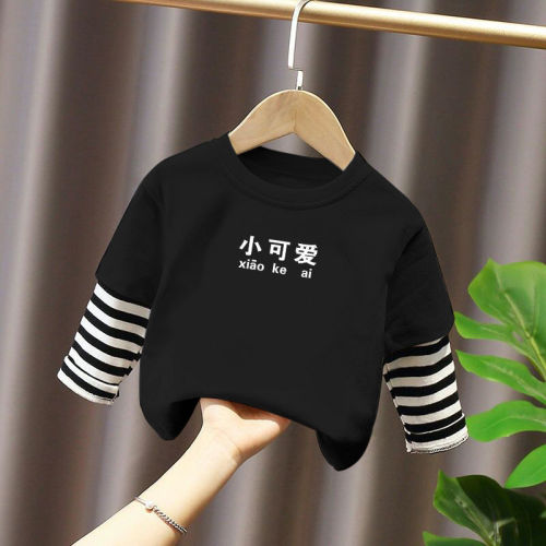 autumn new foreign style boys and girls pure cotton long-sleeved T-shirt fake two-piece stitching striped cotton bottoming shirt