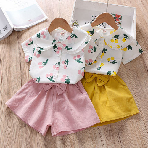 Girls summer suit short-sleeved fashion foreign style two-piece set children's baby summer shirt shorts clothes kids trendy