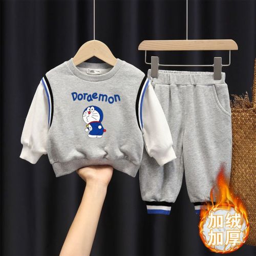 2021 new autumn and winter children's sweater suit cartoon handsome Doraemon boys thickened and fleece two-piece set