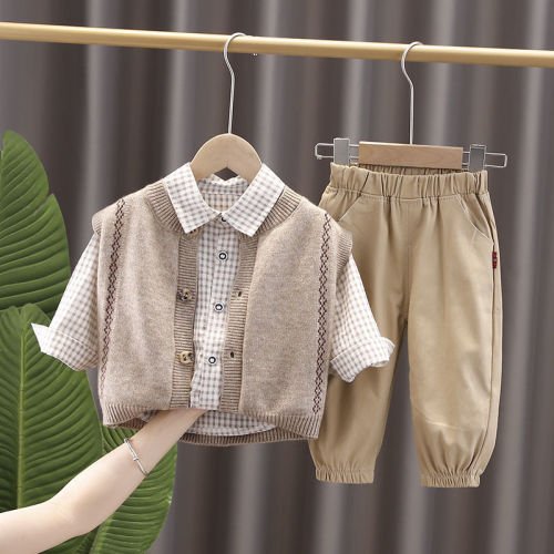 Children's clothing boy autumn suit 2021 new trendy baby Korean version long-sleeved cardigan sweater baby three-piece set