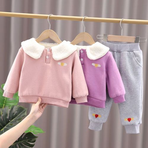 Baby girl autumn and winter suit  new children's clothes with velvet and thick foreign style 0-4 years old 3 girls two-piece set
