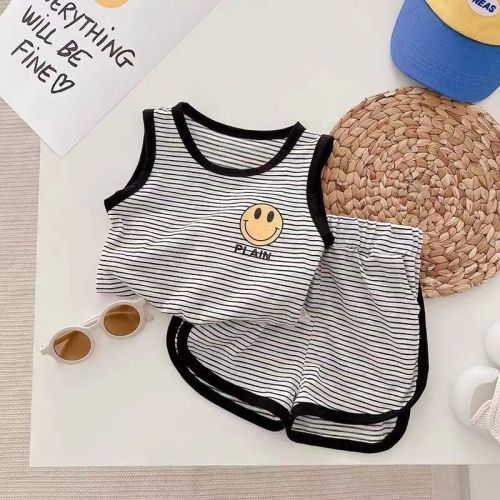 Children's vest suit smiling face 2022 new 0-6 years old summer boys and girls striped t-shirt wrapping shorts two-piece set