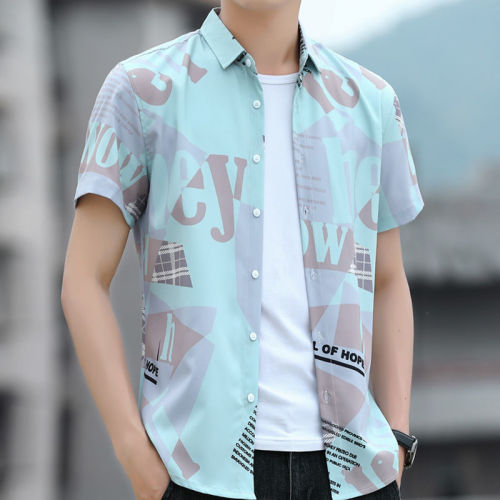 European station shirt men's short-sleeved summer Korean style trendy personality printed shirt casual handsome top ice silk half-sleeved