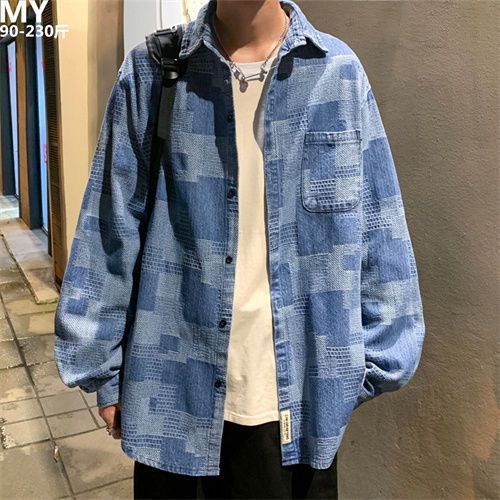 American style street tooling plaid shirt men's trendy brand fashion loose casual long-sleeved top high street square collar coat