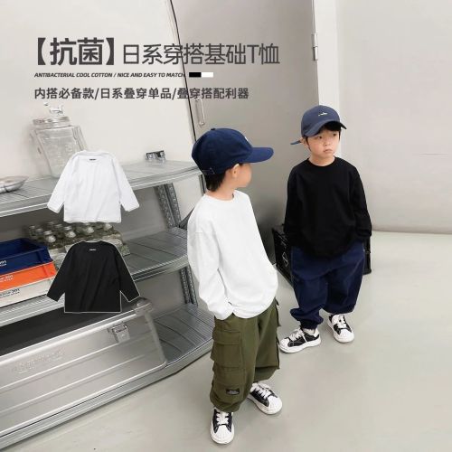Cotton children's clothing boys long-sleeved T-shirt trendy brand 2022 new middle and big children's baby tops bottoming spring clothes