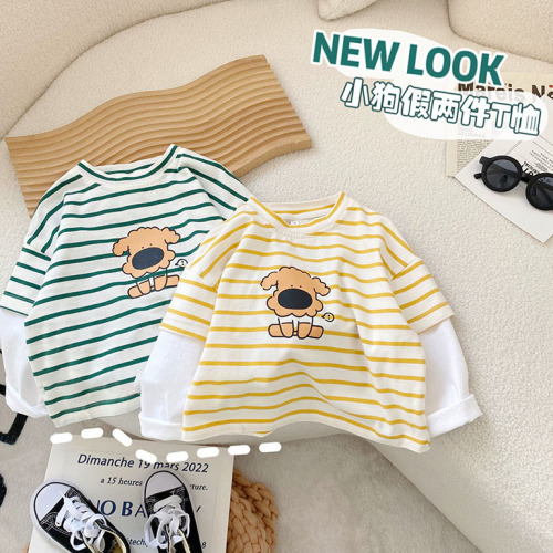 Baby fake two-piece long-sleeved t-shirt spring boys bottoming shirt spring and autumn new baby spring striped top tide