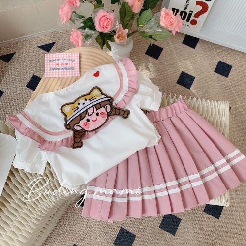 Girl baby summer cute doll collar short-sleeved pleated skirt suit kindergarten girl dress college style