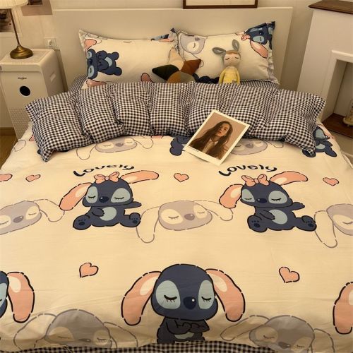 Korean style ins style Stitch washed cotton bed sheet quilt cover four-piece set student dormitory single bed three-piece set