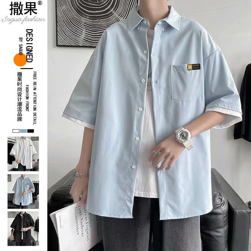 Hong Kong style Japanese summer thin shirt short-sleeved boys and girls all-match fake two-piece shirt loose casual trend jacket