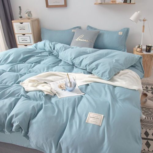 Simple small fresh wind light blue girl heart bedding solid color four-piece dormitory bed sheet quilt cover three-piece set