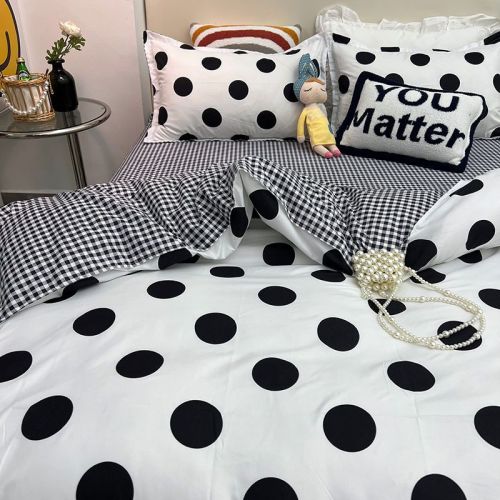 Simple style black and white wave point four-piece single bedding student dormitory plaid bed sheet quilt cover three-piece set