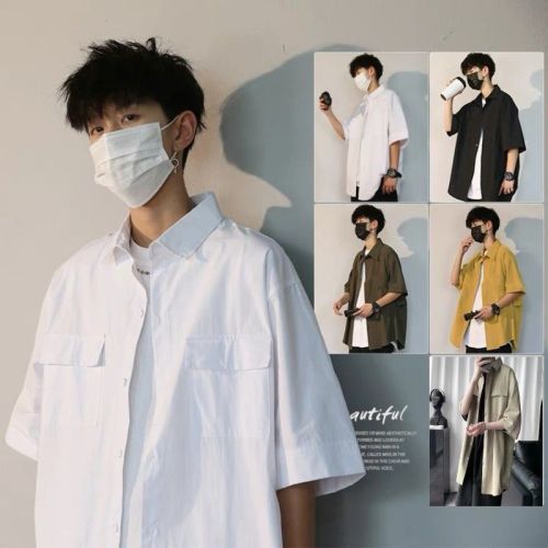 Summer shirt men's short-sleeved students Korean style trendy handsome tooling shirt Hong Kong style ruffian handsome casual all-match half sleeves