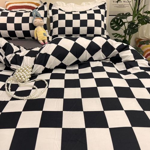 Nordic style black and white plaid quilt cover four-piece student single dormitory bed sheet quilt cover three-piece bedding