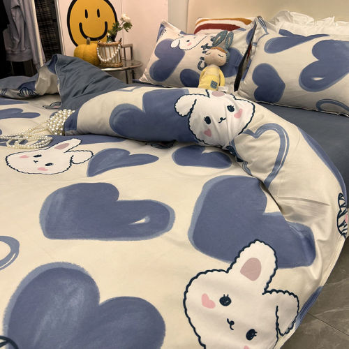 Cartoon style love bunny quilt cover four-piece single dormitory bed sheet three-piece girl heart bedding