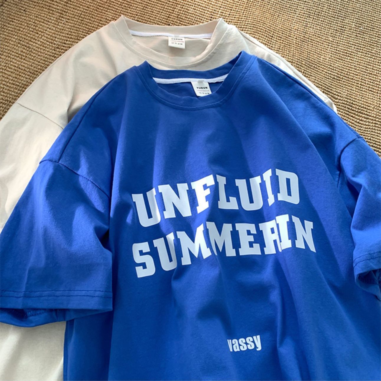 100% cotton Klein blue short-sleeved t-shirt male student ins tide brand high street round neck half-sleeved top shirt T-shirt