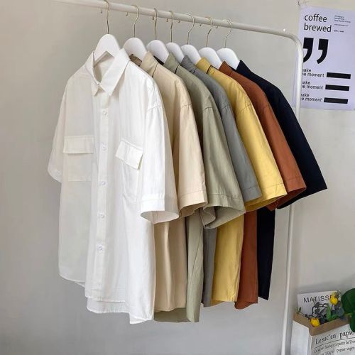 Summer solid color short-sleeved shirt men's loose Japanese workwear five-quarter sleeve top Hong Kong style all-match trendy half-sleeved shirt