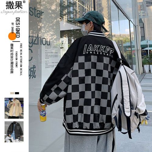 Vintage baseball uniform jacket men's checkerboard spring and autumn Korean version of the American retro tide brand loose hip-hop jacket