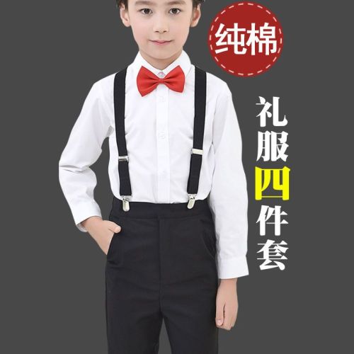 Boys dress suit pure cotton long-sleeved white shirt trousers bib pants children primary school host host costume