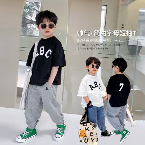 2023 new children's simple short-sleeved T-shirt medium and large boys round neck Korean version baby summer half-sleeved boy tops