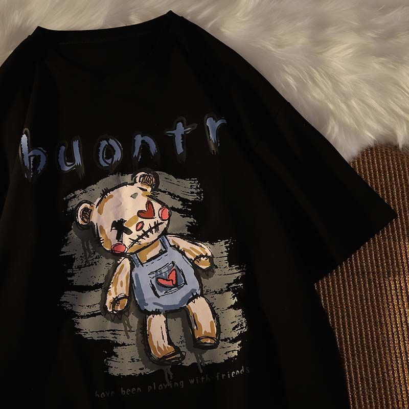 100% cotton American retro cartoon bear print male and female couple loose short-sleeved T-shirt ins half-sleeved T-shirt
