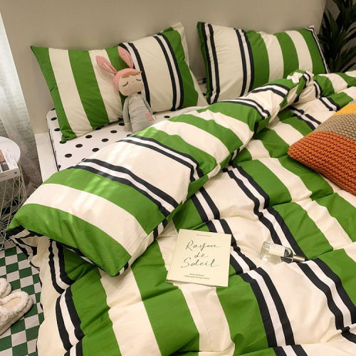 Ins green striped bedding four-piece quilt cover small fresh girly heart graffiti quilt cover bed sheet three-piece set 4