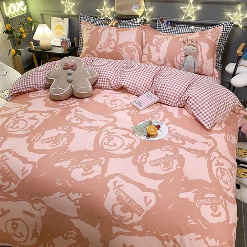 Cute Girl Heart Pink Cartoon Plaid Bedding Four-piece Set Student Dormitory Bed Sheet Quilt Cover Three-piece Set