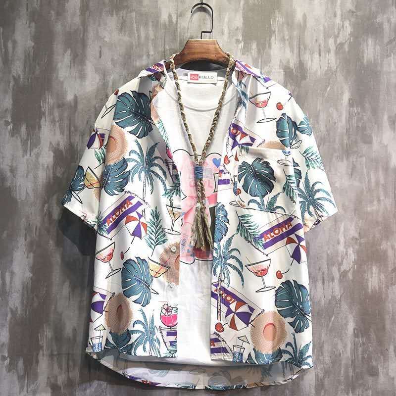 Japanese summer thin short-sleeved printed shirt men's non-ironing drape sunscreen loose Japanese ruffian handsome shirt jacket trendy