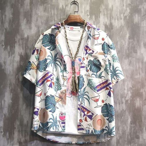 Japanese summer thin short-sleeved printed shirt men's non-ironing drape sunscreen loose Japanese ruffian handsome shirt jacket trendy