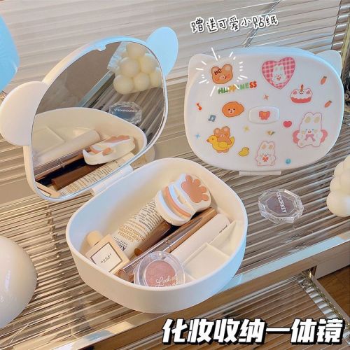 Cute cat ears desktop mirror desktop folding mirror storage box one small student dormitory home small