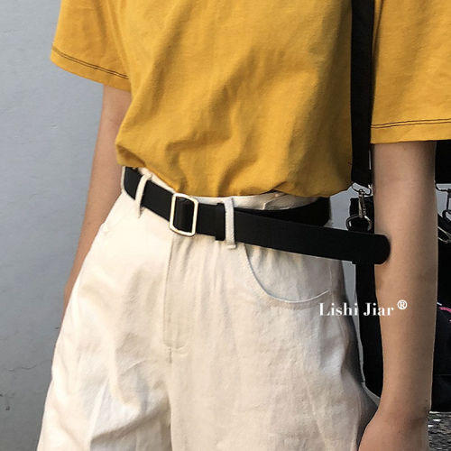 Non-porous belt round buckle student bf simple square buckle jeans female Korean chic trend free punching casual belt