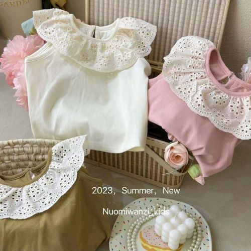 Korean Girls Sleeveless Lace Shirt Lotus Leaf Collar Vest 2023 Summer Tops Female Treasure Cotton Western Style Doll Shirt