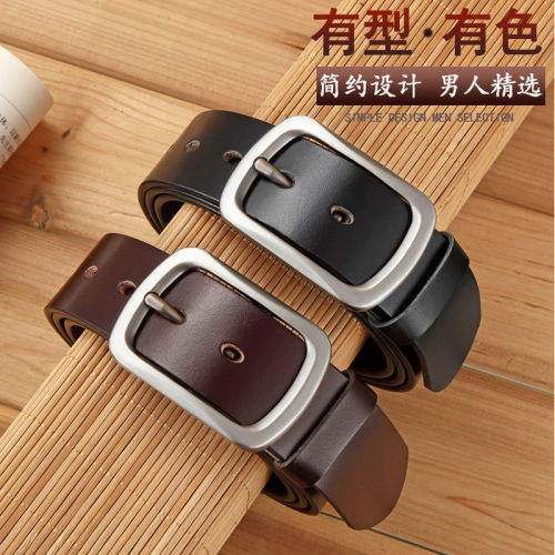 Belt men's leather pin buckle top layer leather wide belt fashion casual all-match trousers belt green middle-aged and old men's copper