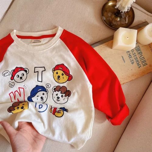 Autumn new children's splicing boys and girls printed long-sleeved cotton loose t-shirt Korean baby bottoming shirt top