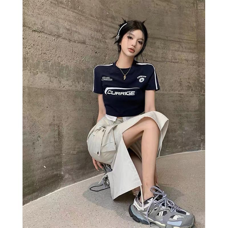 American hot girl suit short fake two-piece T-shirt female spring and summer slit tooling skirt two-piece set