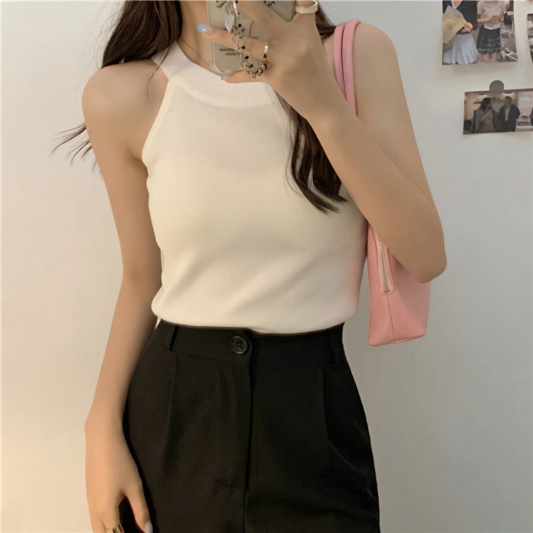 Pure color ice silk knitted camisole women's spring and summer 2023 new style inner and outer wear slim sleeveless halter neck top