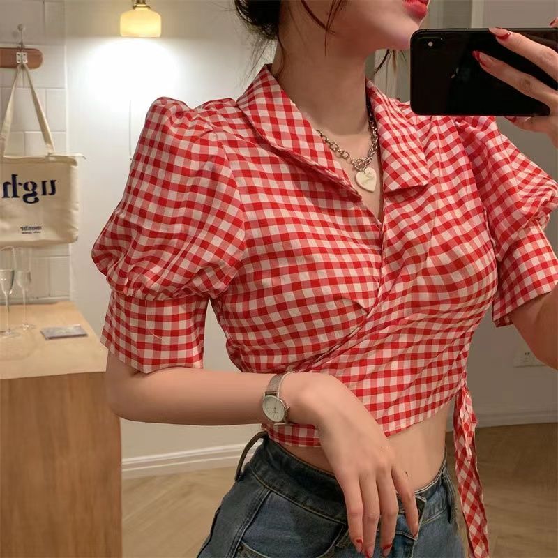 Design sense temperament ethnic style puff sleeve plaid short-sleeved shirt women's summer style thin sweet spicy very fairy top