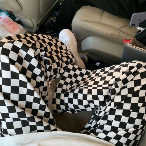 Black and white plaid casual pants women's  summer new loose Korean version straight wide-leg pants drawstring trousers women