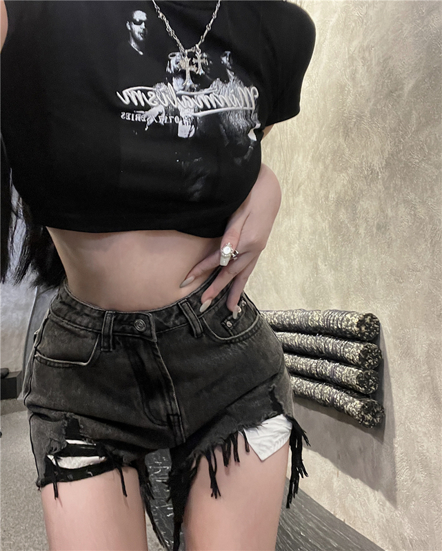 Real price!  Smoke gray hot girl ripped edge high waist denim shorts for women summer