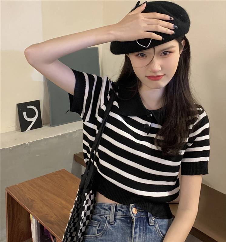 Real price real shot striped polo collar short-sleeved T-shirt women's summer design sense niche retro Hong Kong style top clothes
